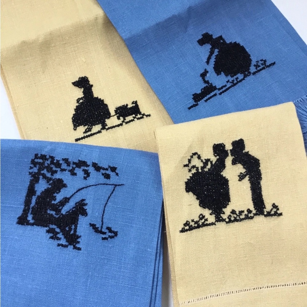 4 Vintage Silhouette Cross-Stitch Tea Hand Towels Linen